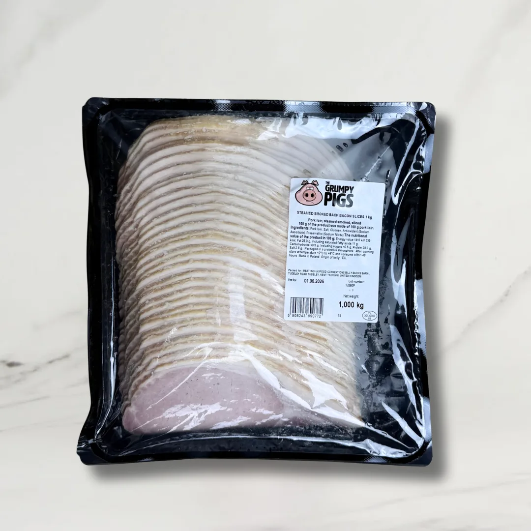 Grumpy Pig Back Steamed Smoked Sliced Bacon – 1kg